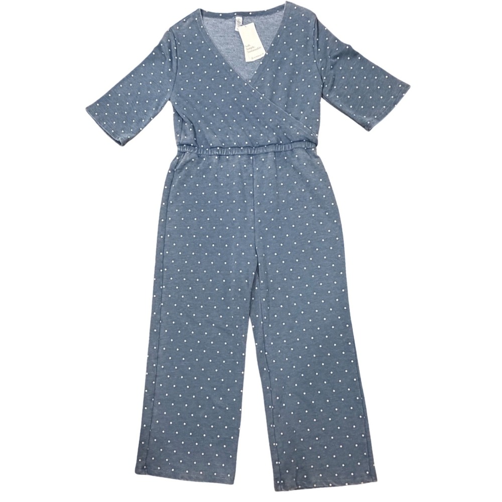 Alternative Apparel Piper Cross Front Cropped Jumpsuit (M) Blue Pin Dot NWT